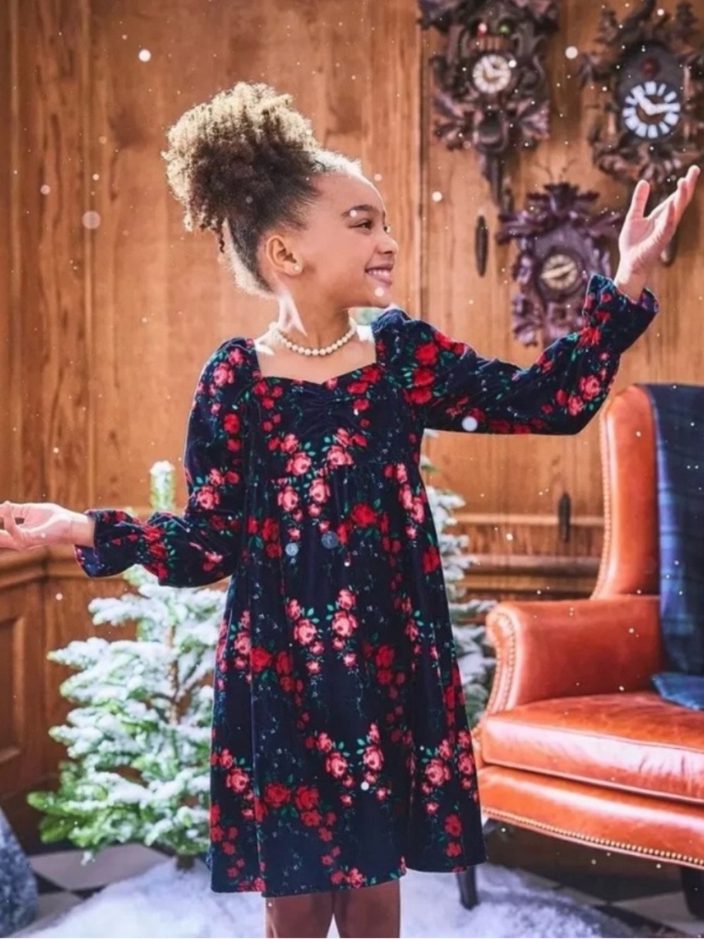 Janie and Jack Rose Velvet Floral Holiday Dress Dark Marine & Red Print | Size 5